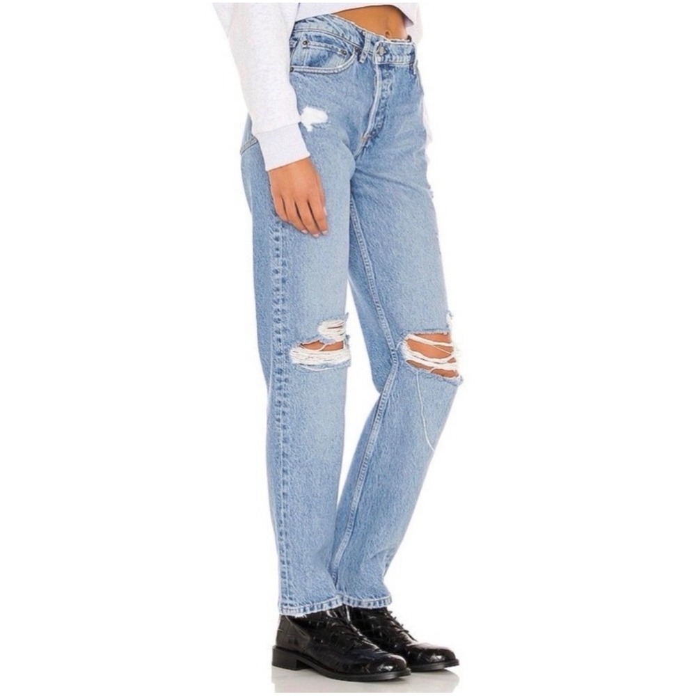 Boyish The Casey High Rise Straight Leg Crossover Jeans Light Wash Distressed